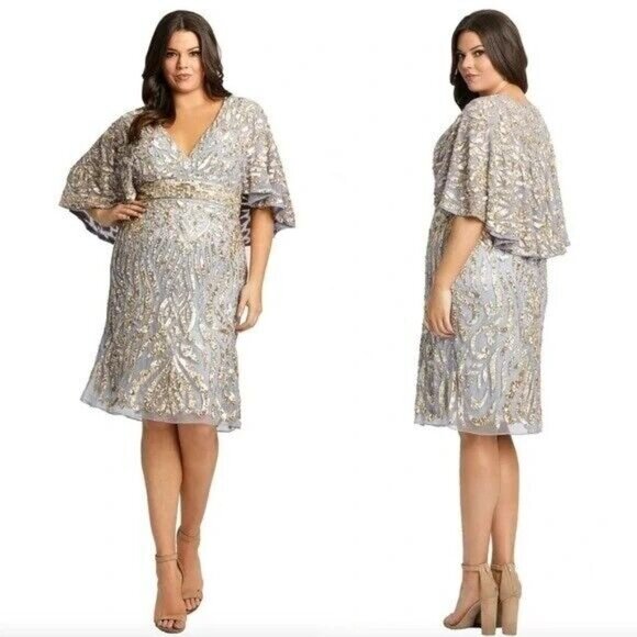 NWT Mac Duggal Embellished Cape‎ Sleeve Dress Plus Size Platinum Gold 5191 - Picture 1 of 8